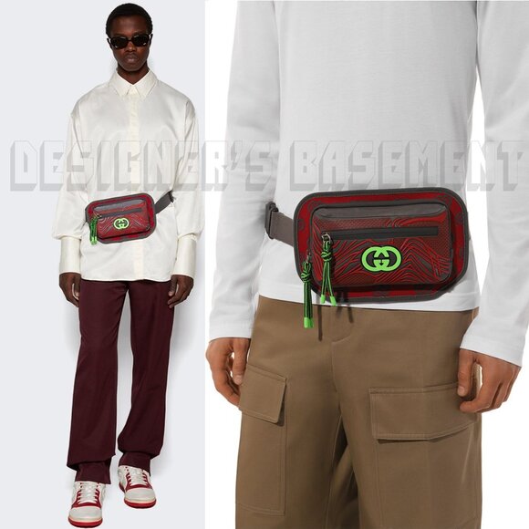 GUCCI gray red green GG nylon/rubber zip Crossbody 100 Waist Fanny belt BUM bag - Picture 8 of 10